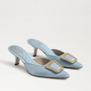 🚨ISO🚨 Sam Edelman “Brit” Kitten Heel Mules Robin Egg Blue Satin